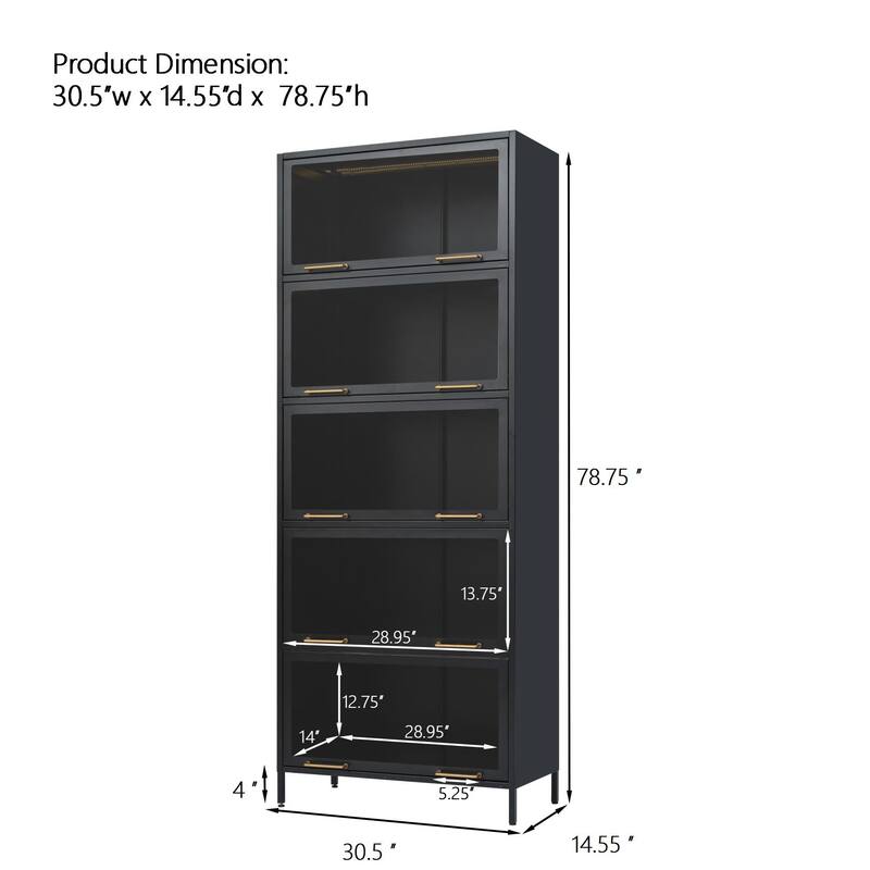 Display Cabinet with The Flip-Up Glass Doors, 5-Tier Steel Bookcase with LED Lights for Collectibles, 78.75'' Curio Cabinet