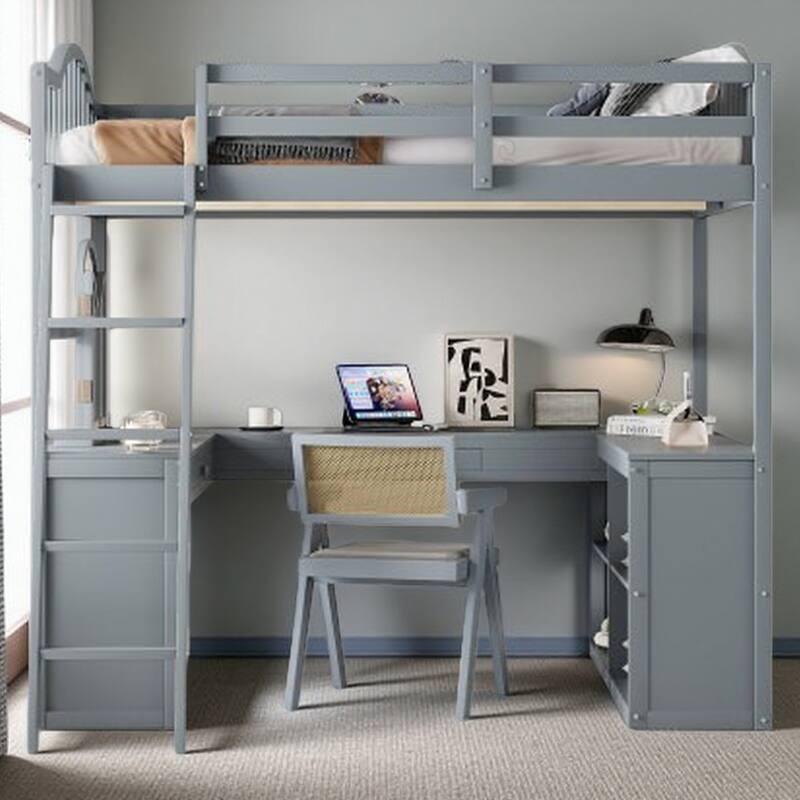 U-Shaped Workstation Loft with Mirror, Curved Frame, Drawers & Storage for Full Bed - Gray
