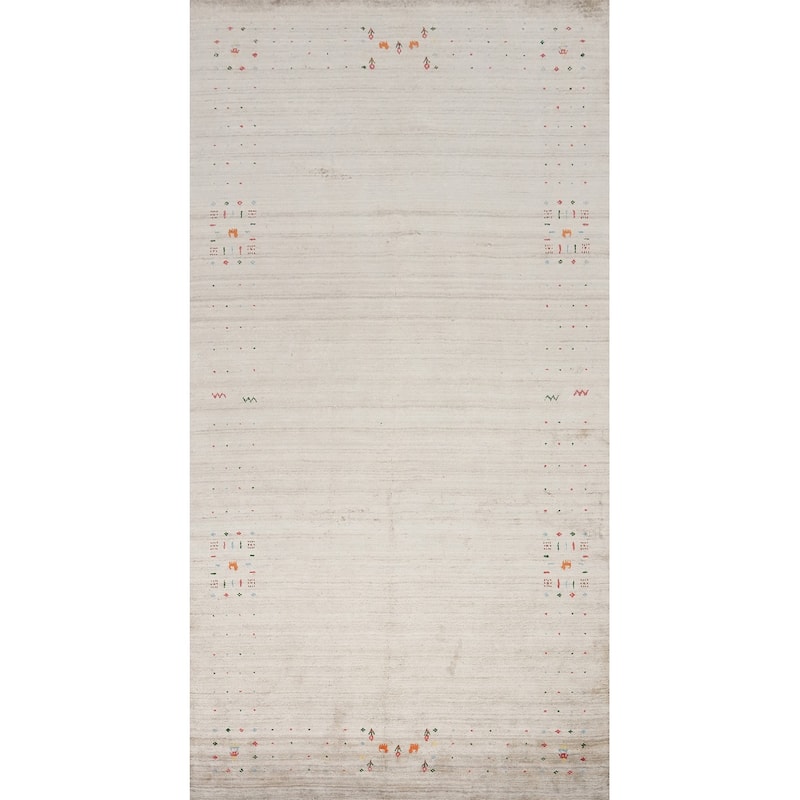 Hand Knotted Oriental Viscose Silk Carpet Tribal Animal Pictorial Beige & Ivories Gabbeh Area Rug - 12' 0'' X 6' 6''