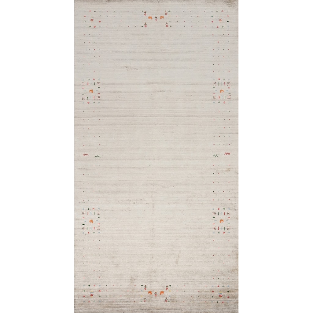 Hand Knotted Oriental Viscose Silk Carpet Tribal Animal Pictorial Beige & Ivories Gabbeh Area Rug - 12' 0'' X 6' 6''