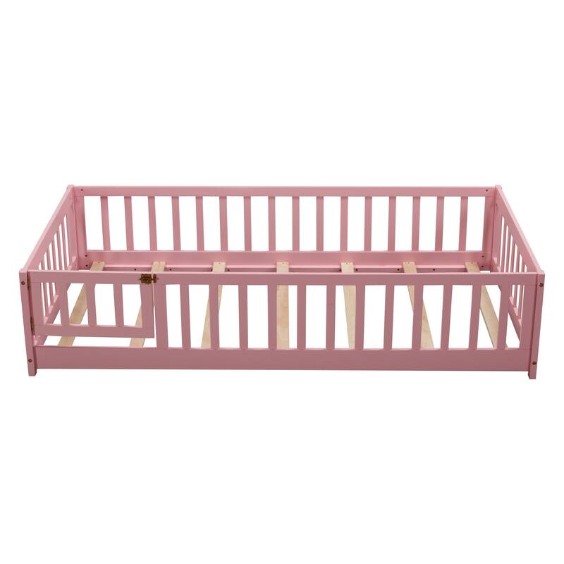 Floor Bed with Fence,Door and Safety Guardrails,Perfect for Kids' Play,Sleep and Development