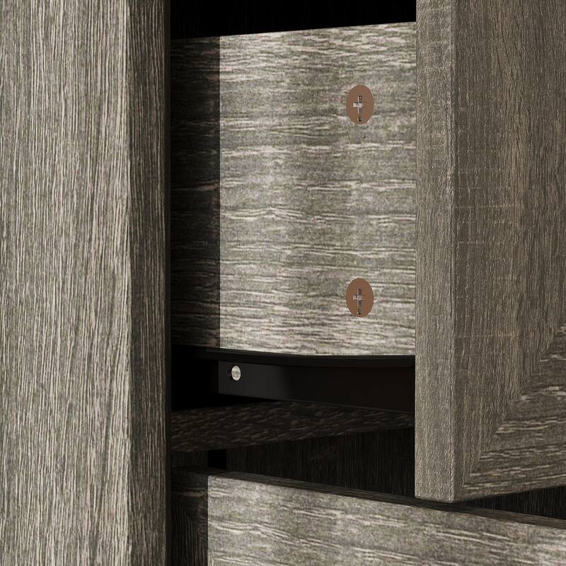 Modular Glass Door Bookcase Wall Unit with Storage Cabinets and Drawers, Dark Oak Display Hutch for Living Room or Home Office