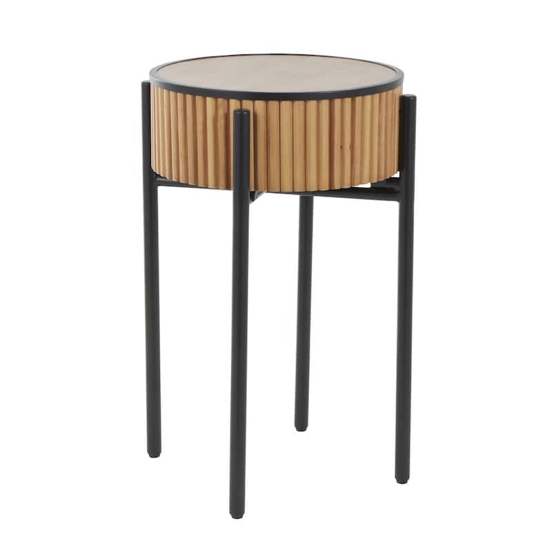 Wood Drum Handmade Slatted Accent Table with Black Metal Legs - Brown - Roche River Decor