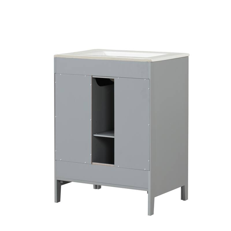 24" Black Bathroom Vanity with Sink - Solid Wood & MDF, Moru Glass Door, 2 Drawers, Adjustable Shelf