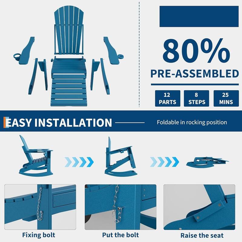 Folding Rocking Adirondack Chair with Retractable Ottoman and Cup Holder