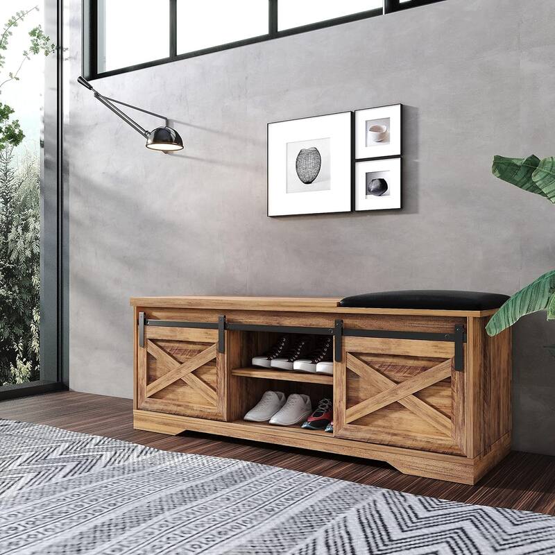 47" Farmhouse Shoe Bench with Padded Cushion, 2-Tier Shoe Storage Cabinet for Entryway - 47.24'x 15.35'x 17.72'