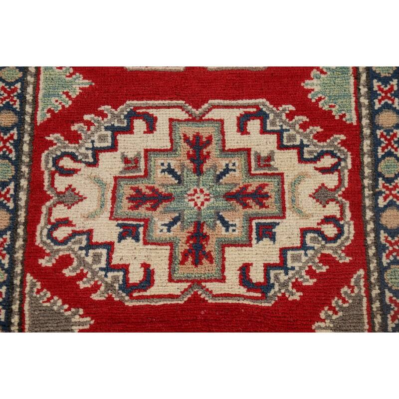 Red Geometric Kazak Oriental Runner Rug Hand-Knotted Foyer Wool Carpet - 2'9" x 10'9"