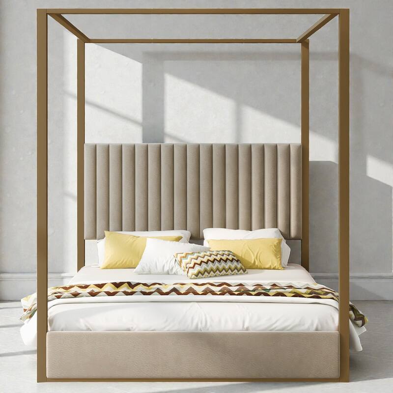 Upholstered Canopy Platform Bed with Headboard, Metal Frame Queen King Bed, No Box Spring Needed