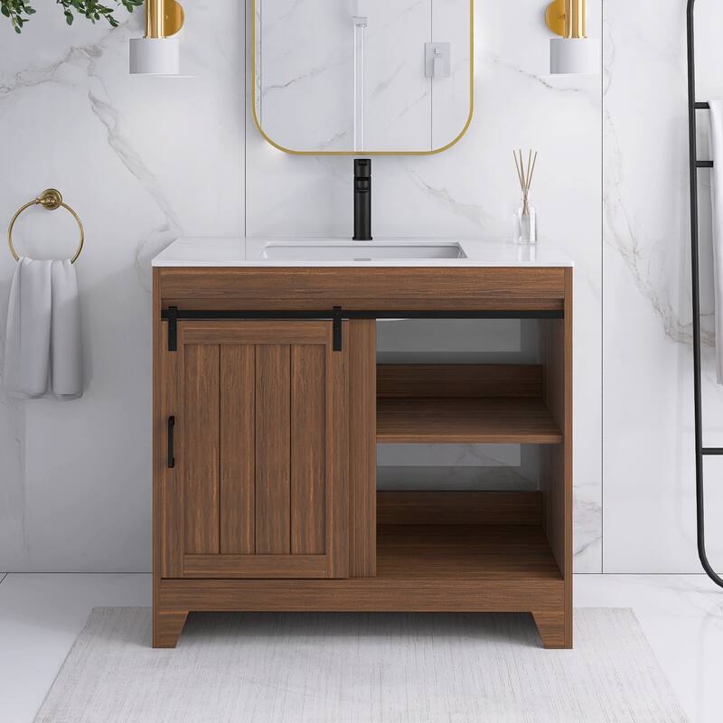 36" Freestanding Bathroom Vanity with Ceramic Sink - 35.83'' x 18.9'' x 33.46'' - 35.83'' x 18.9'' x 33.46'' - Wood Finish - Dark Walnut