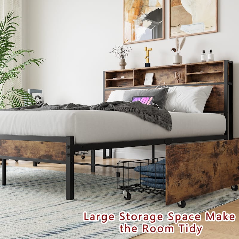 Queen Size Metal Platform Bed with Storage Drawers, Wooden Headboard, and Charging Station, Easy Assembly, Brown