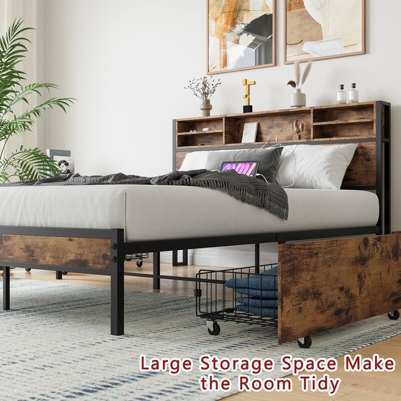 Queen Bed Frame with Storage Headboard, 4 Drawers, and Charging Station