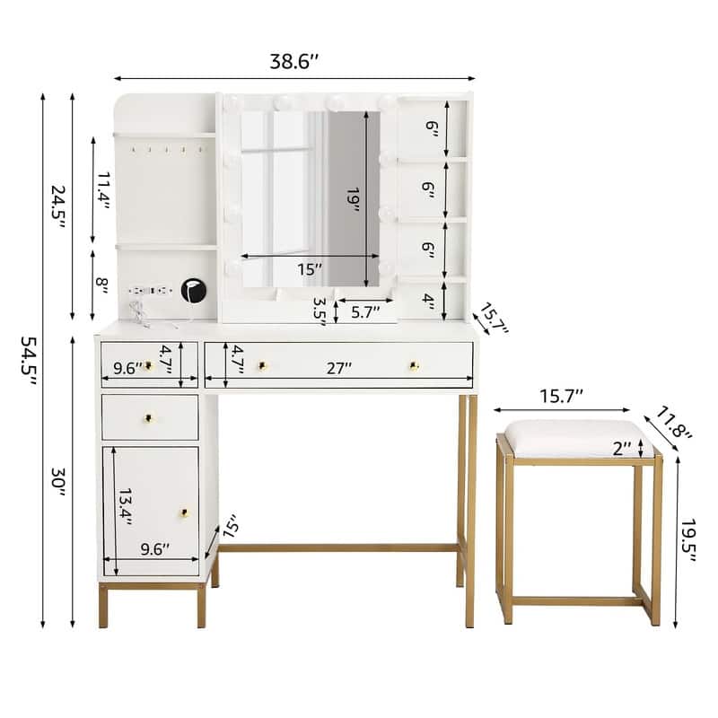Vanity Desk with Mirror, Stool, LED Lights, Power Outlets, Drawers, Jewelry Hooks