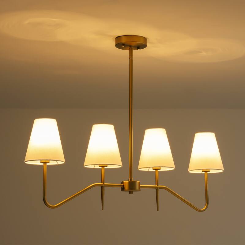 32.3" 4-Light Mid-Century Modern Gold/Black with Fabric White Cone Shades Kitchen Island Pendant Light