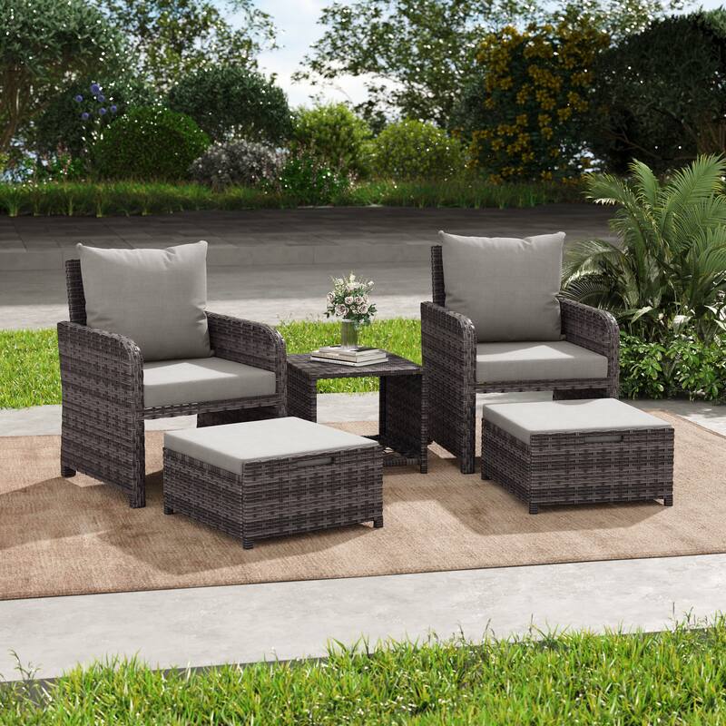 5 Pieces Patio Chair Ottoman Conversation Set with Cushions Table