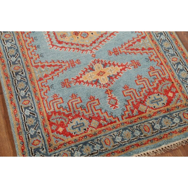 Light Blue Geometric Viss Indian Accent Rug Hand-Knotted Wool Carpet - 3'0"x 5'0"