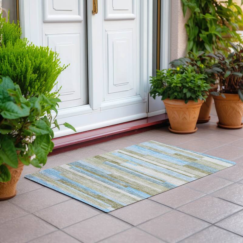 Machine Washable Indoor/ Outdoor Chantille Contempory Stripes Rug - Sky - 1'8" x 2'6"