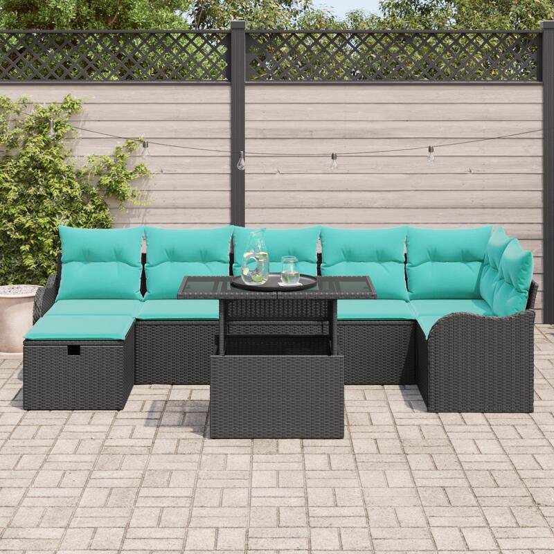 vidaXL 8 Piece Garden Sofa Set with Cushions Black Poly Rattan - 113.2×48.2×27.2