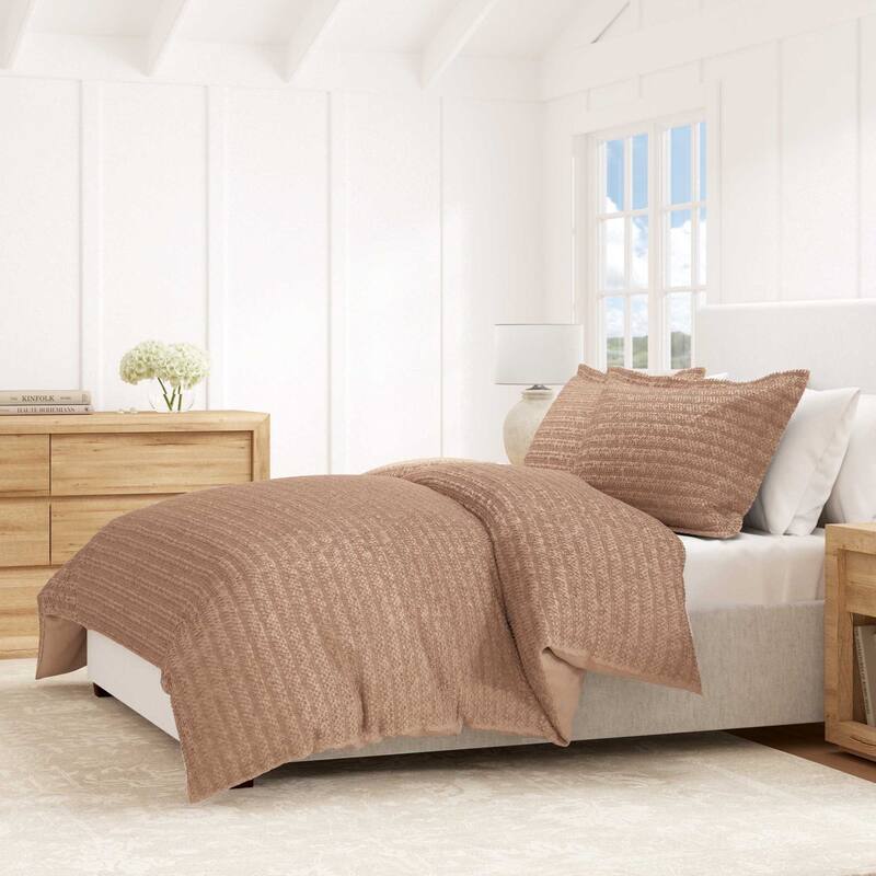 Linery & Co. Cotton Reversible Waffle Weave / Percale Duvet Cover Set - Clay - Queen