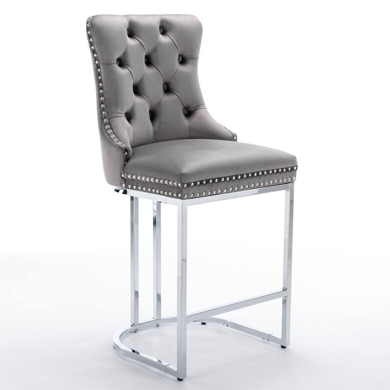 Modern Upholstered Bar Stools with Tufted Backs and Footrest（Set of 2）Grey - Set of 2
