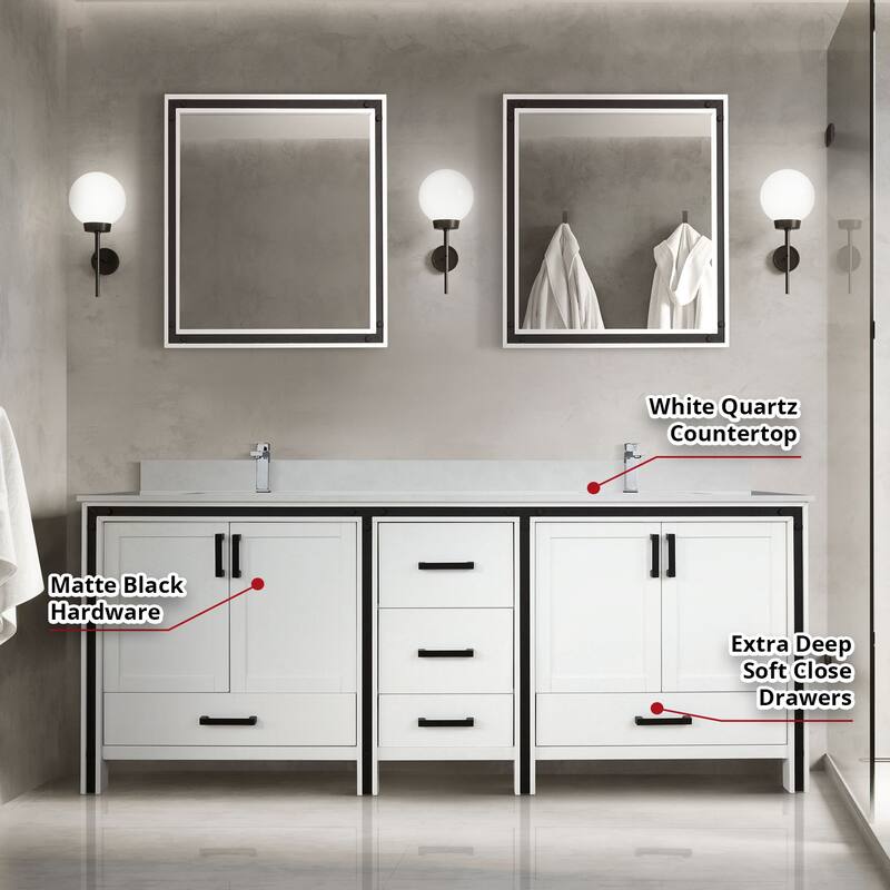 Ziva 80 in W x 22 in D White Double Bath Vanity and White Quartz Top