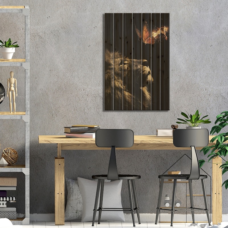 Lion Butterfly Print On Wood by Zenja Gammer - Multi-Color