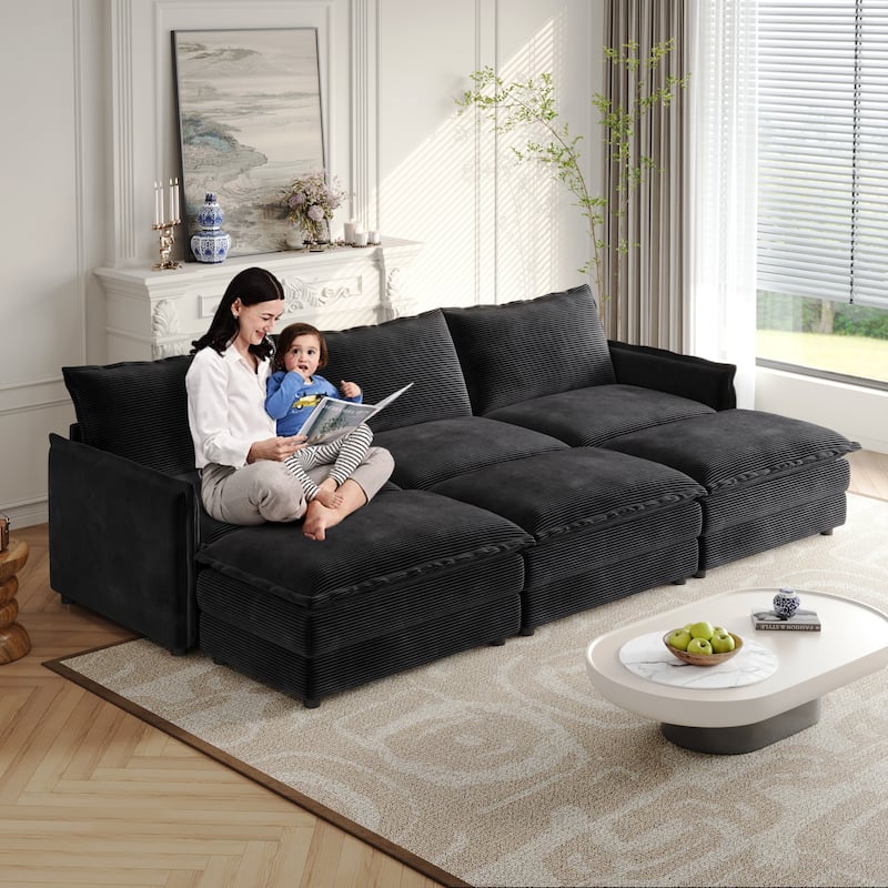 3-seater Cloud Sofa Corduroy Upholstered Sectional Couch with Ottoman - Black with 3 Otto
