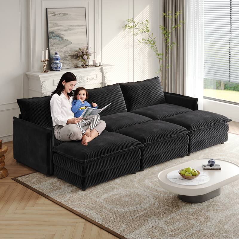 Convertible Sleeper Sofa Bed 109" Oversized Modular Sectional Sofa Deep Seat Corduroy Cloud Couch with 3 Ottomans