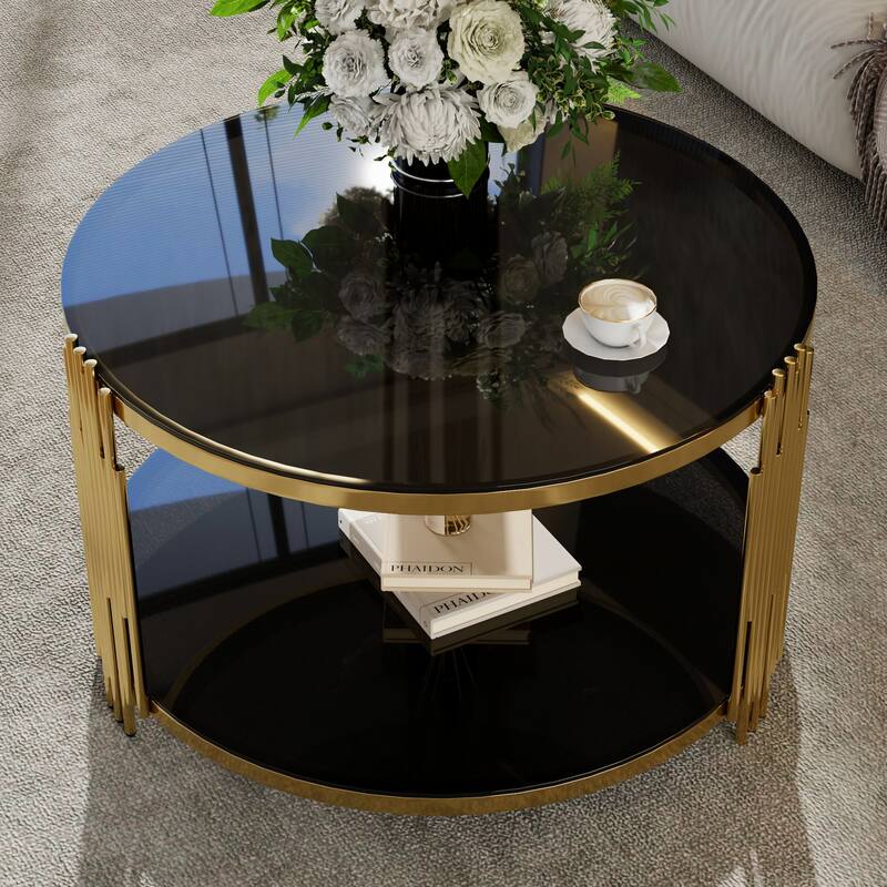 Modern Mirror Coffee Table, Asymmetrical Metal, Circular Metal Drum Base, Gold Finish & Lower Shelf