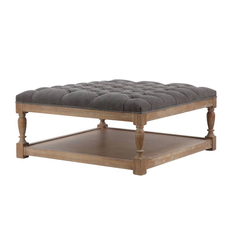 Xena Coffee Table, 36 Inch Tufted Frost Gray Upholstery, Solid Wood