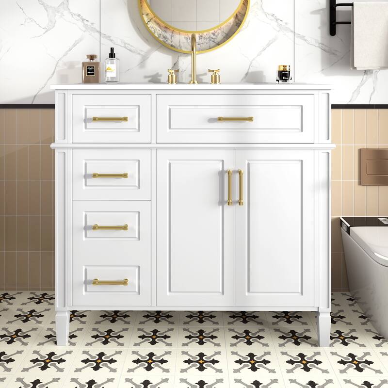 36 Inch Bathroom Vanity with Sink, White Single Sink Vanity with 4 Drawers (1 Flip Drawer), 2 Doors & Adjustable Shelf - White