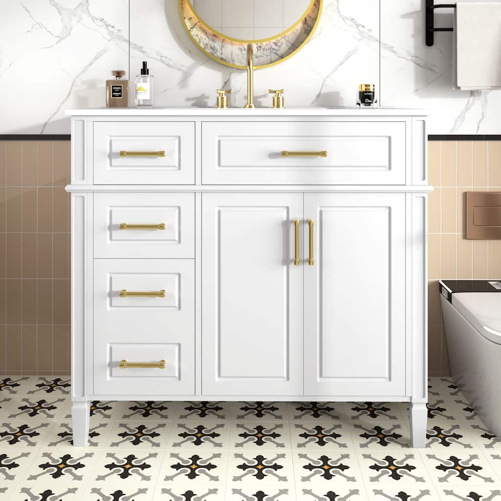 36 Inch Bathroom Vanity with Sink, White Single Sink Vanity with 4 Drawers (1 Flip Drawer), 2 Doors & Adjustable Shelf