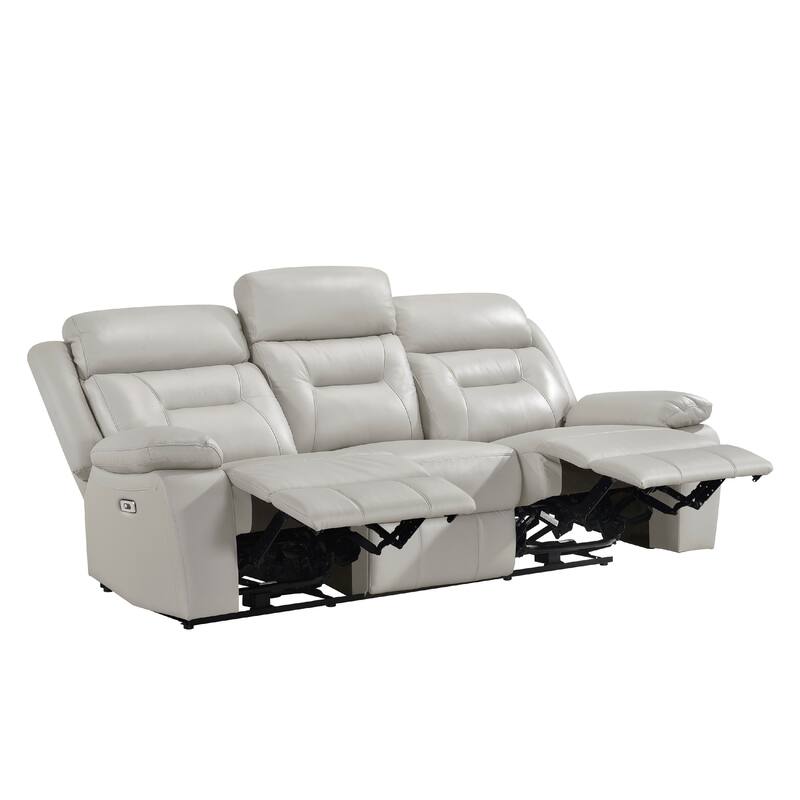 Conia Power Double Reclining Sofa, Light Silver Leather, USB, 87 Inch