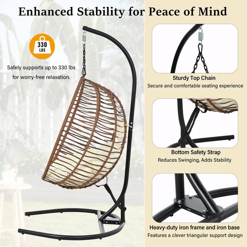 Single Person Folding Egg Chair with Stand, Indoor Outdoor Hanging Wicker Swing Chair with Adjustable Feet
