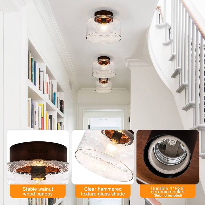 1-Light Wood Flush Mount Ceiling Light with Clear Textured Glass Shade - Dia.11.81-in