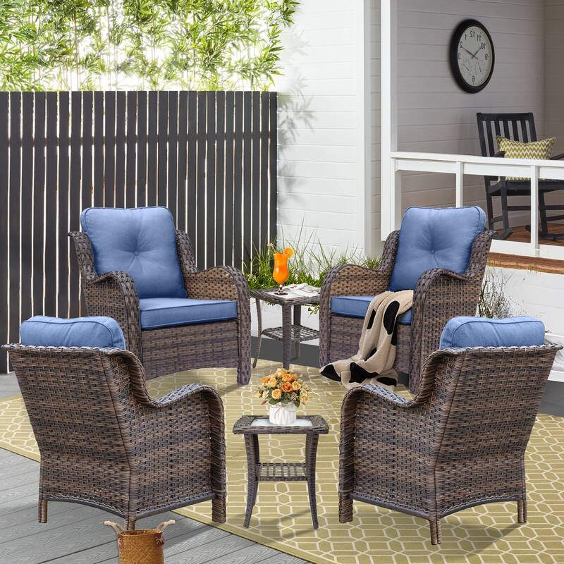 High Back Brown Wicker Outdoor Patio Conversation Seating Sets - 6 Piece - Denim Blue