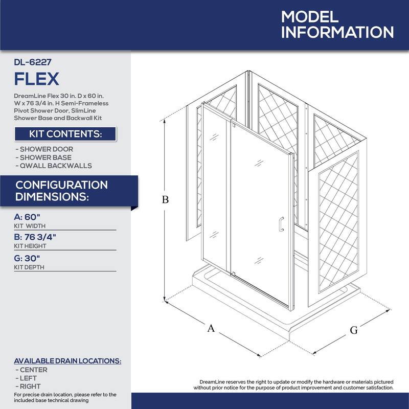 DreamLine Flex 30 in. D x 60 in. W x 76 3/4 in. H Pivot Shower Door, Shower Base and Backwall Kit - 30" x 60" - 30" x 60"