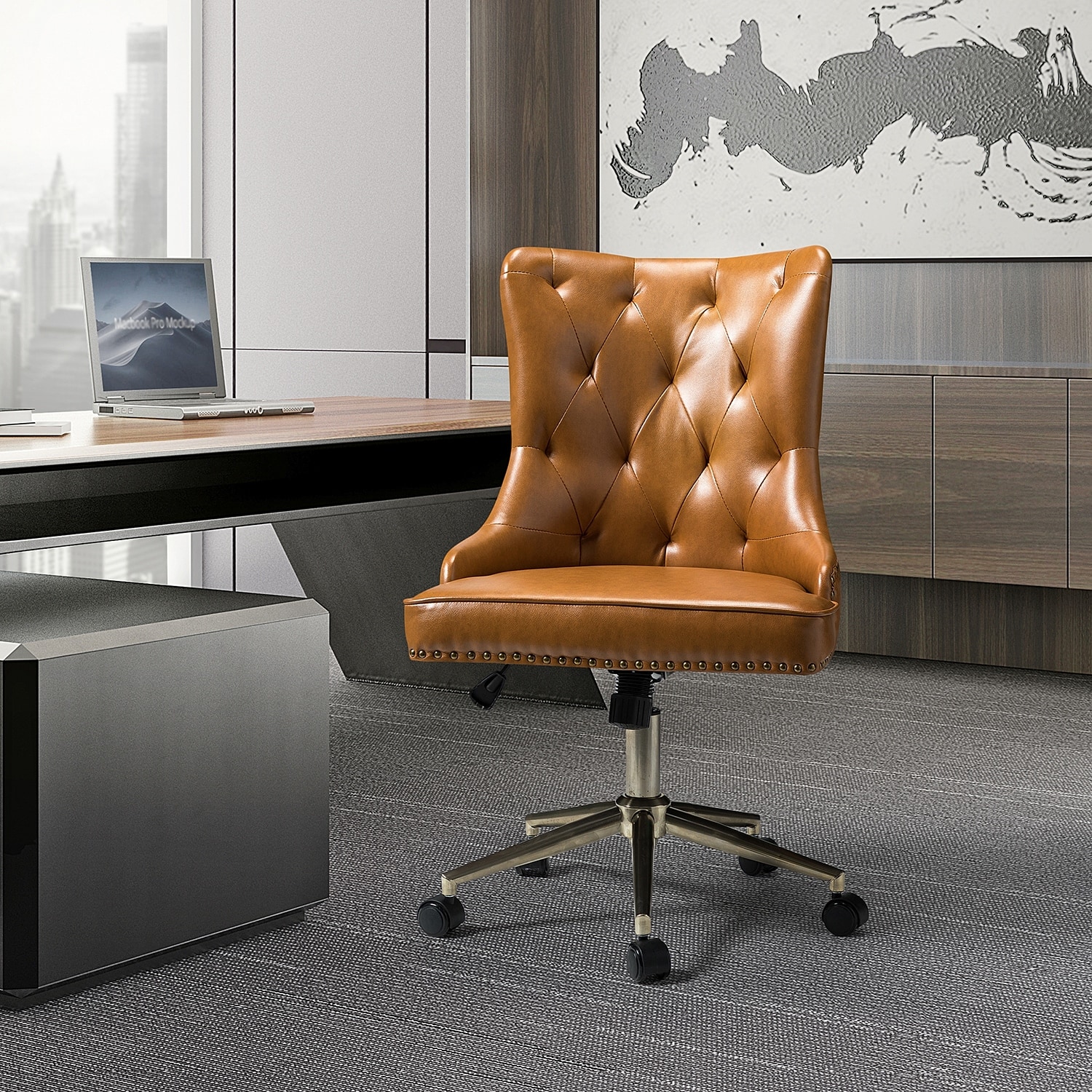 Leo Modern Leather Tufted Task Chair Nailhead Trim with Golden