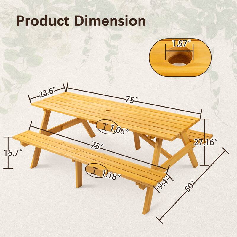 8 Person Wooden Picnic Table - Outdoor Camping Dining Table with 2 Built-in Benches, DIY, 2220 lb Capacity