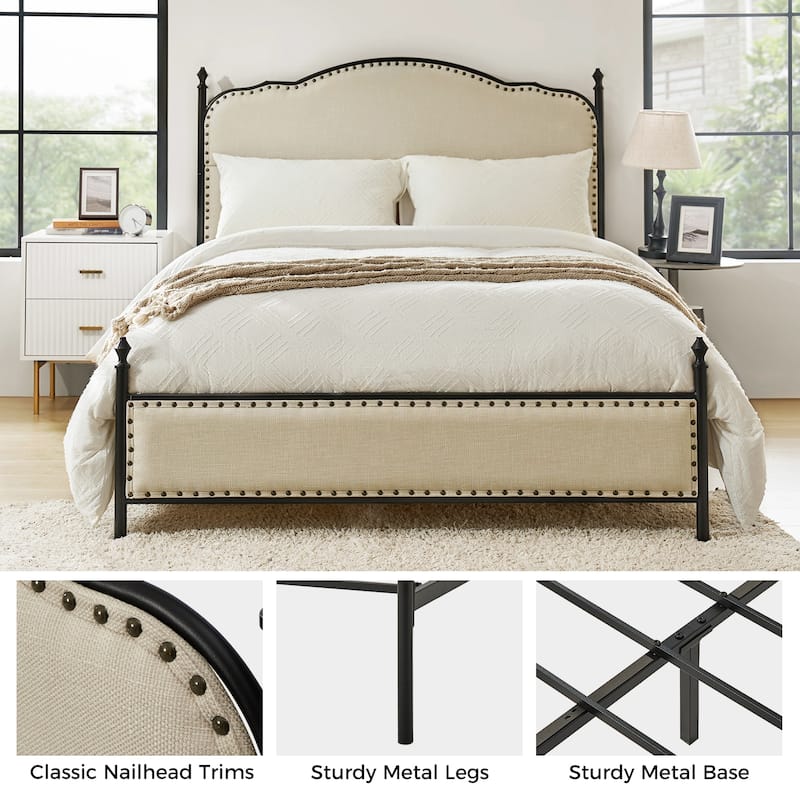 Eulalia Transitional Upholstered Platform Metal Bed Frame Four Poster Bed with High Headboard&Pillow