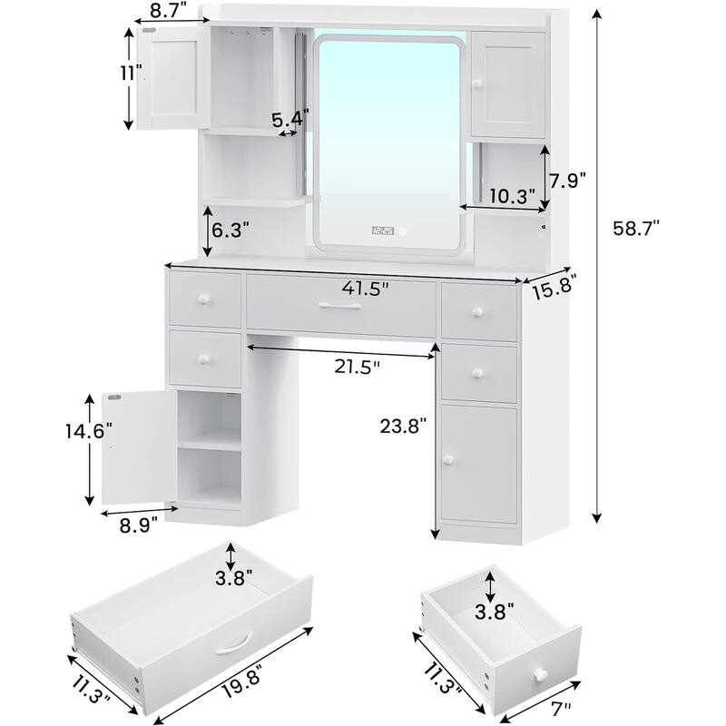 5 Drawers Vanity Desk Touch Screen Mirror Time Display Makeup Vanity