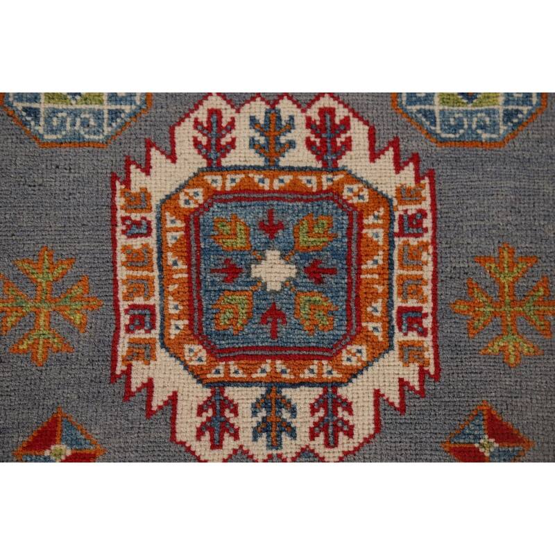 Gray Geometric Kazak Runner Rug Handmade Hallway Wool Carpet - 2'7" x 9'9"