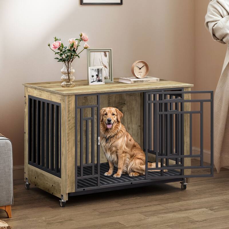 Dog Crate 32"/36" Furniture Wooden Side End Table with Wheels And Tray - 38" - Grey