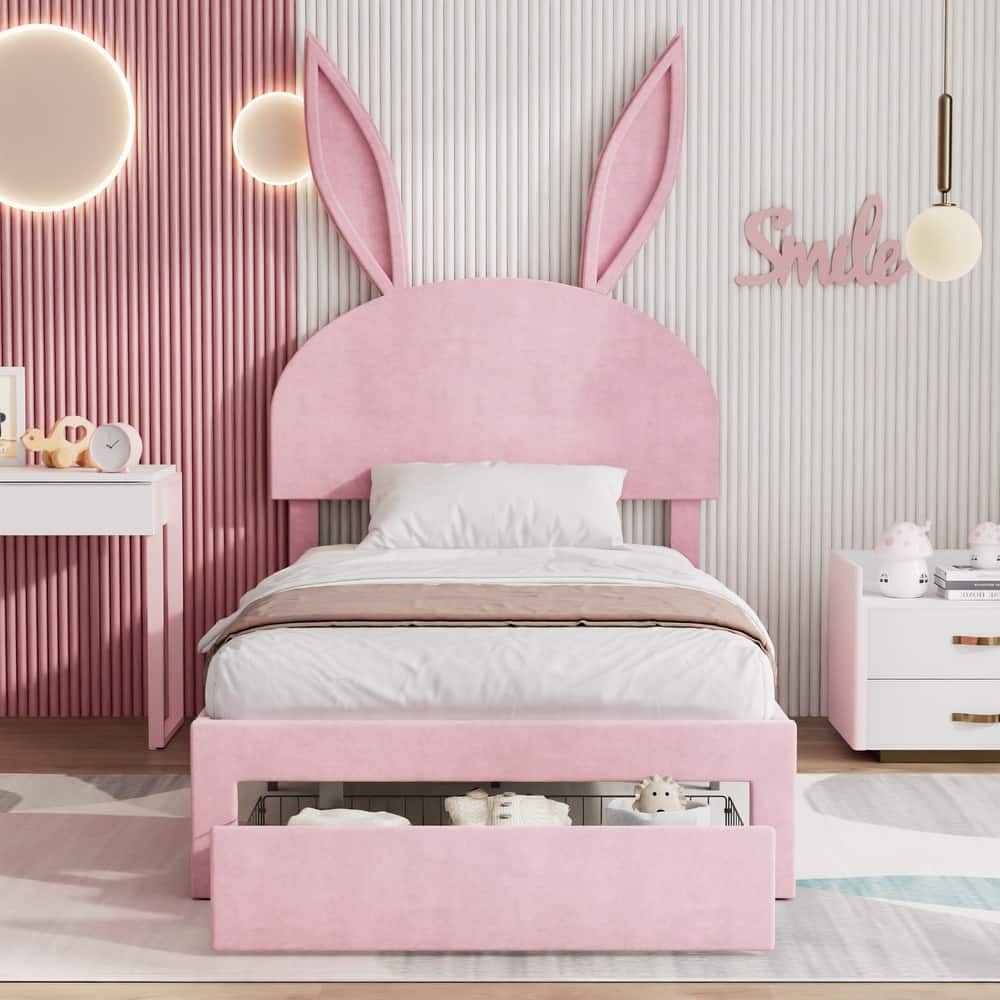 VECELO Twin Size Rabbit Shaped Kids Bed with Velvet Headboard Upholstered Bed with Center Support Leg