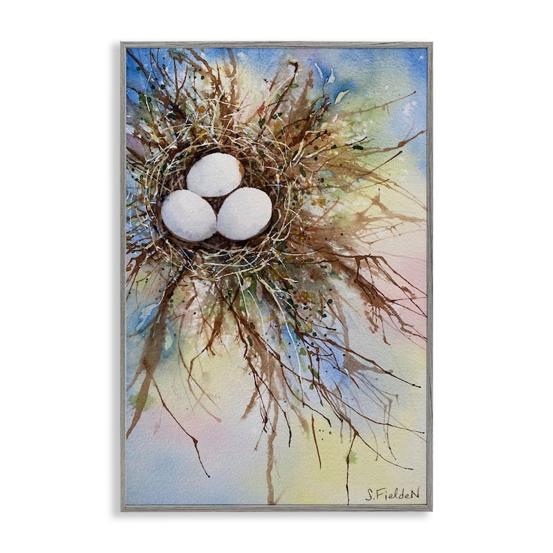 Stupell Modern Watercolor Bird Nest Framed Giclee Art Design By Stephanie Fielden - 20 x 30 - Grey
