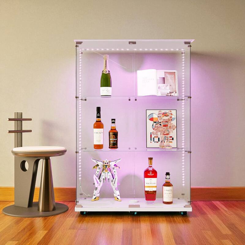 49.7" Tempered Glass Display Cabinet with Door Lock, Bluetooth LED Light Strip, Wine & Storage Cabinet with Casters - White