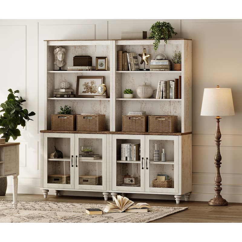 Rustic White Bookcase with Doors, Large Wood Farmhouse Book Case Shelf