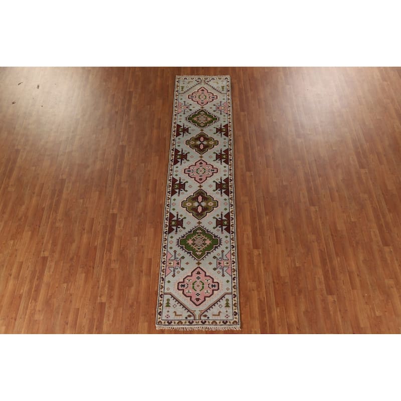 Geometric Blue Kazak Indian Runner Rug Handmade Wool Carpet - 2'7"x 11'5"