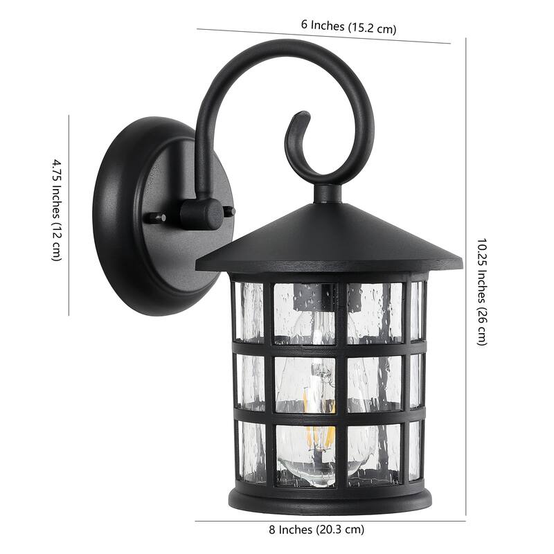 Plains 6" 1-Light Iron/Seeded Glass Cottage Rustic Scrolled Lantern LED Outdoor Lantern, Black (Set of 2) by JONATHAN Y