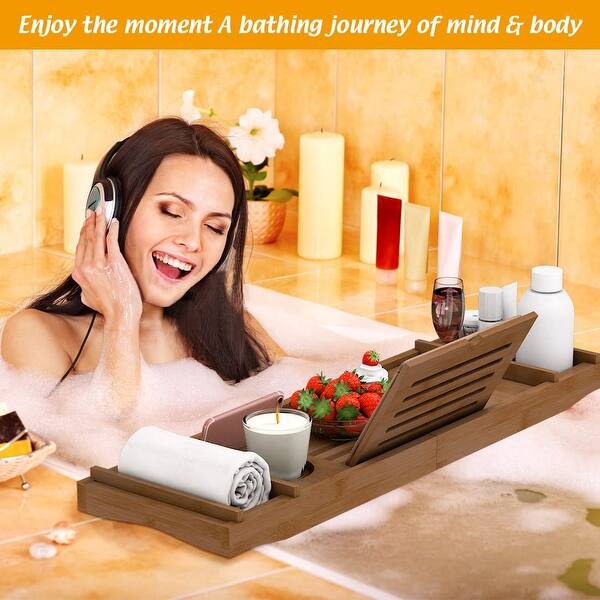 Adjustable Wooden Bamboo Bath Caddy Tray - Bathtub Shelf With Wine & Tablet Holder