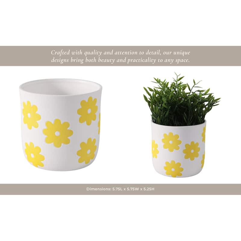 Stoneware Ceramic Planter Raised Floral Design Modern Decorative Pot